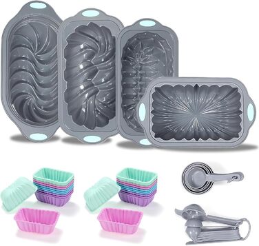 Tongjude 45-Piece Silicone Baking Molds Set, 6-Cup Silicone Baking Mold for Baking Bread, Ribbed Cupcake, Non-Stick Kitchen Baking Molds, with Measuring Cup and Spoon Set, gray
