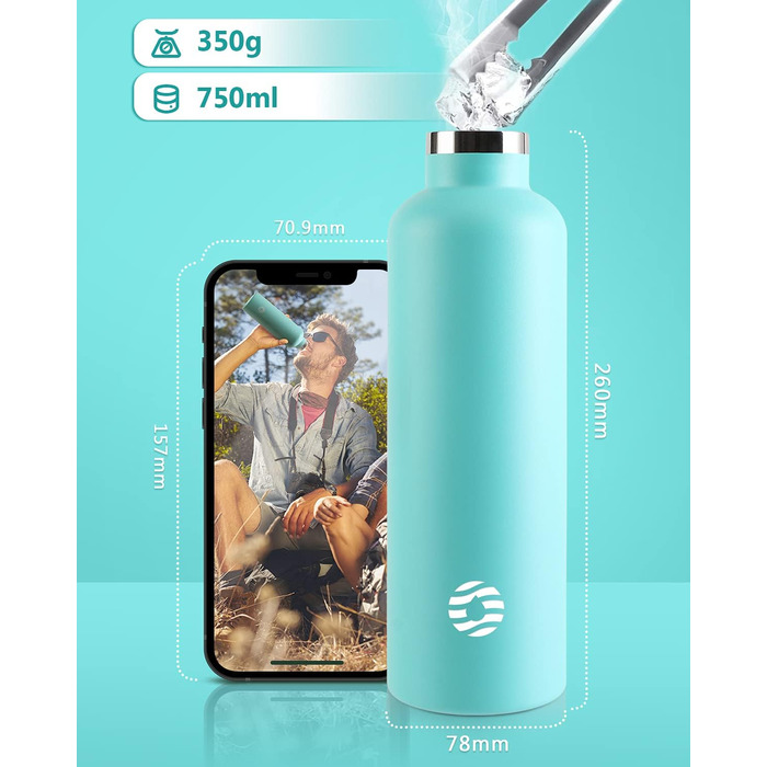 Фляга спортивна Feijian 1л з карабіном - термофляга з нержавіючої сталі, витікає, для води, кави, чаю, без BPA, для спорту, відпочинку, школи, кемпінгу, велосипеда, армійного кольору (світло-зелений, 750 мл)