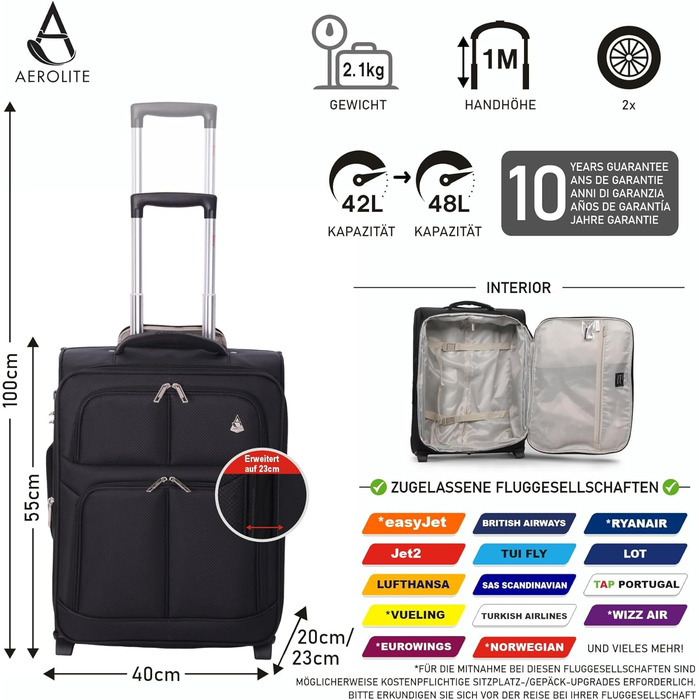 Розширюваний валіза Aerolite 55x40x20/23 см – ручна поклажа для Lufthansa, Eurowings, Condor, SunExpress, TUI (Чорний)