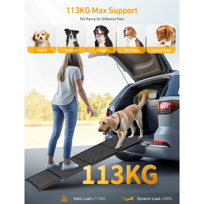 Сходи для собак у машину, складані, з антиковзким покриттям, для середніх та великих собак до 113 кг, 170x44 см