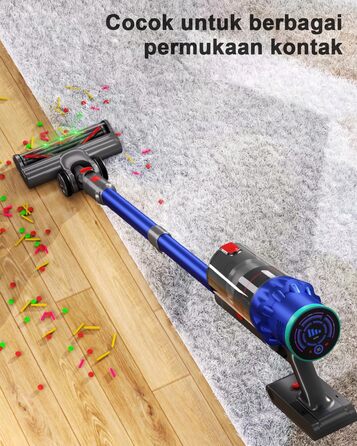 PINICO Бездротовий акумуляторний пилосос 550W з автоматичним режимом та щіткою Anti-Tangle, для твердих підлог, килимів та шерсті тварин (Blue+grey)