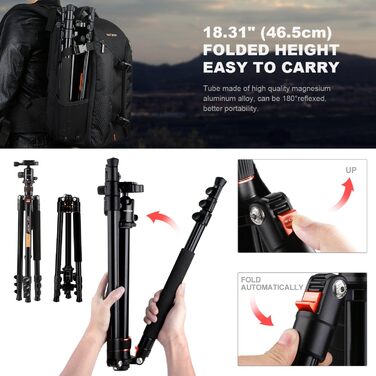 Штатив для камери K&F Concept TM2324 з кульковою головкою, швидкознімною платформою та сумкою. Алюміній, 156 см, 1358 г, чорний/помаранчевий