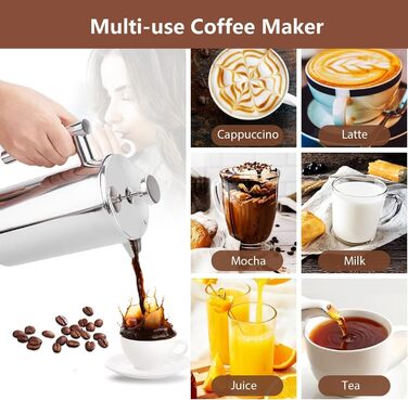 Wrobic French Press Coffee Maker 1.5 Liter Stainless Steel Coffee Maker, Double-Walled Insulated French Press Coffee Pot with 3 Extra Filters (silver, 1500ml) 1500ml Silver