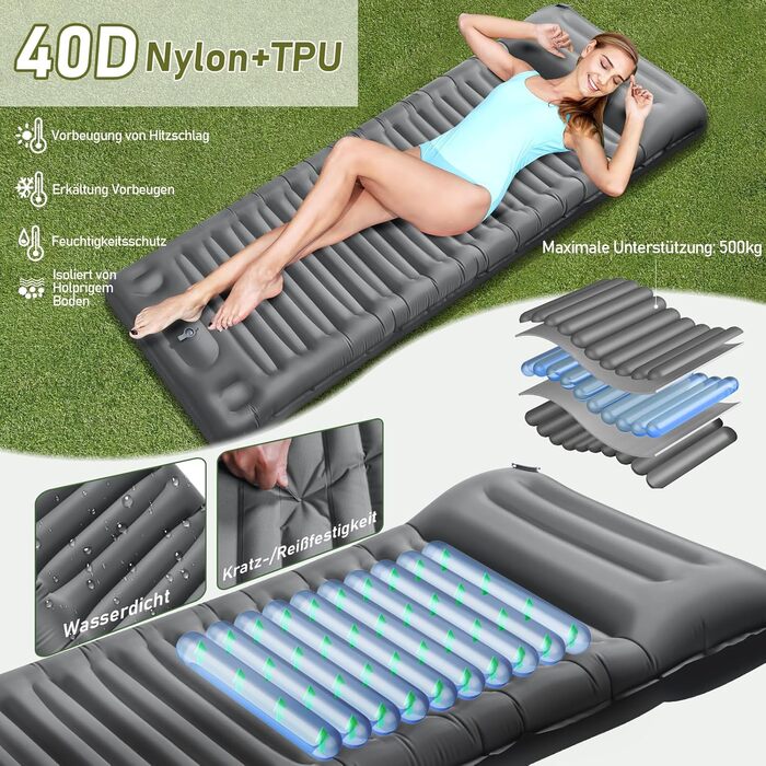 JEMULICE Self-Inflating Sleeping Pad - 12cm Thick, Compact Camping Air Mattress with Foot Pump & Pillow, Ultralight Waterproof for Hiking & Outdoor Use - Grey