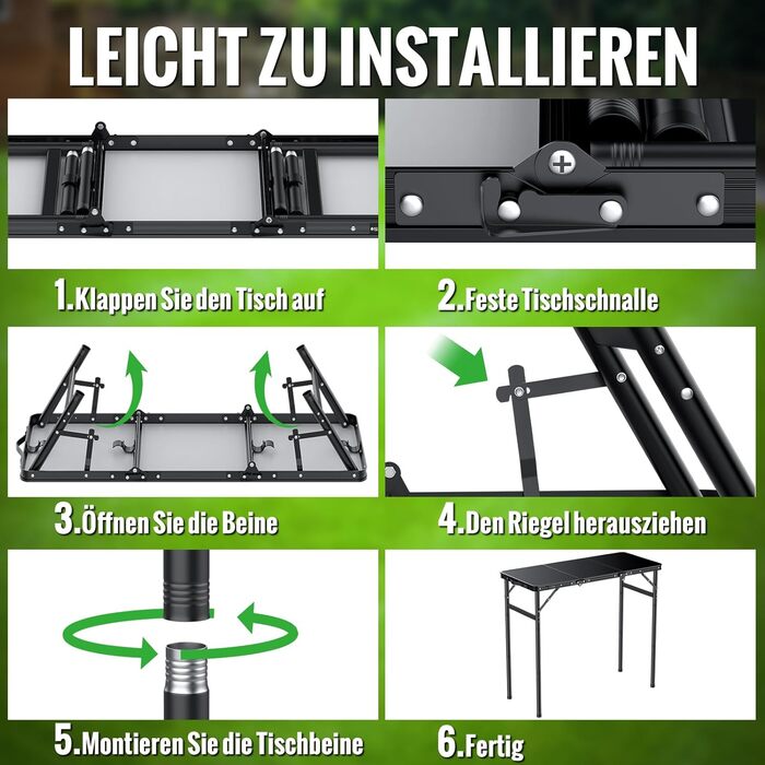 Складний кемпінговий стіл GARLLEN 60x40 см, регульована висота (27/51/75 см), чорний - для пікніка, саду, балкону, пляжу