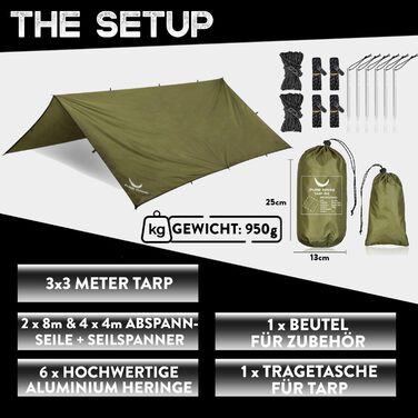 PURE HANG Преміум Намет-Тарп 3x3 для Гамака, Outdoor, Кемпінг, 100% Водонепроникний, з Люверсами, Сонцезахист, UV Захист, 3x3 Military Green