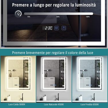 Дзеркало для ванної кімнати YU YUSING з підсвічуванням 60x80 см, антизапітніння, 3 кольори світла, регулювання яскравості, LED, годинник, IP44, металевий каркас, вертикальне, срібне