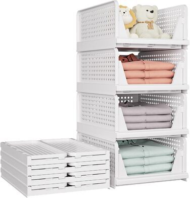 SNSLXH 5 Pack Stackable Closet Shelf Organizer, Multifunctional & Foldable Closet Organizer for Bathroom, Kitchen, Closet Storage, Space-Saving Closet Drawer Storage Box, White