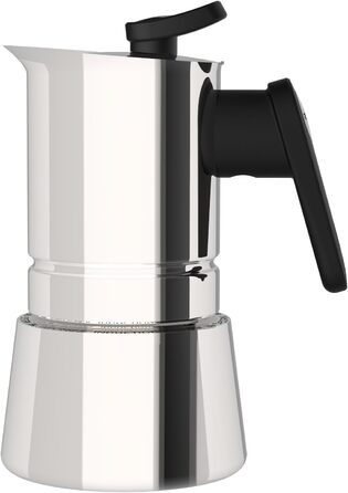 Steelmoka, Patented Moka Espresso Machine for Cooktops including Induction, 2-Cup Capacity, Silver Color, Stainless Steel Coffee Maker, Dimensions 12 x 9 x 15.5 cm