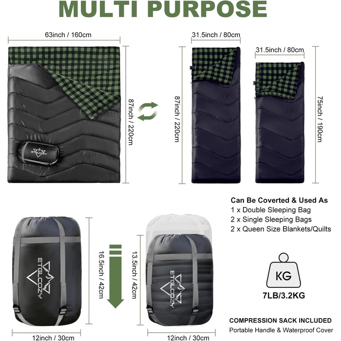 Сплячий мішок двомісний ETGLCOZY для дорослих та дітей, XL, 220*160 см, для кемпінгу, хайкінгу, трекінгу, водонепроникний, з компресійним мішком (чорний/зелений)