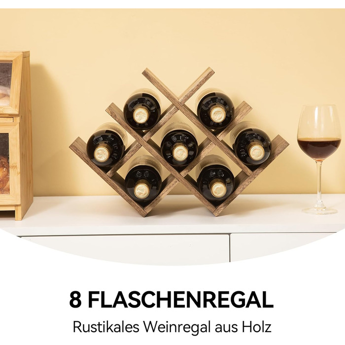 KIRIGEN Wooden 8-Bottle Wine Rack, 3-Tier Wooden Wine Display Rack, Stand and Countertop Wine Storage Rack, Bottle Holder & Glass Shelf for Cabinet. Yellow-Brown