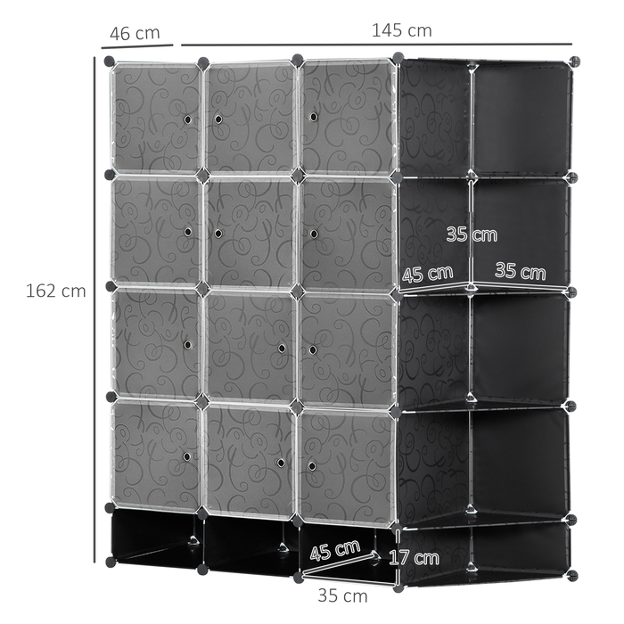 HOMCOM DIY Closet Organizer System with 16 Cubes and 2 Rods DIY Cube Shelf, Storage Shelf for Clothes, Shoes, Black 145 x 46 x 162 cm | Aosom