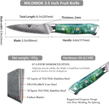 Ніж кухарський WILDMOK, 8 см, японська сталь VG10, 67 шарів дамаської сталі, для нарізання та очищення, зелена ручка, подарункова коробка