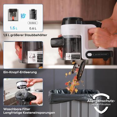 Бездротовий пилосос AlloyMove A01: потужний, з великим контейнером 1.5л та фільтрацією 99.9%, для волосся, килимів та твердих поверхонь (срібний)