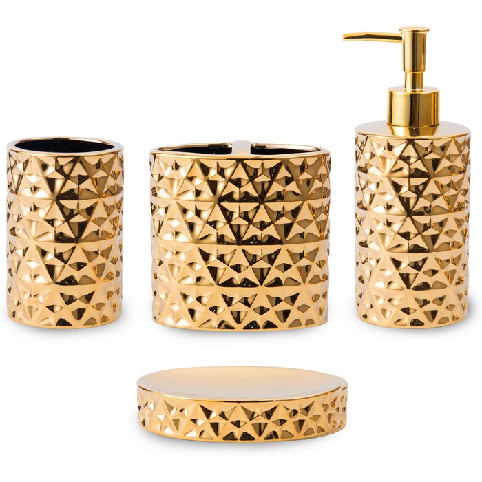 Набір аксесуарів для ванної кімнати з кераміки, золото: мильниця, тримач для зубних щіток, стаканчик та мильниця. Стильний декор для раковини, подарунок на новосілля