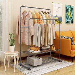 JURMERRY Freestanding Clothes Rack, Double Hanging Rail, High-Performance Metal with Shelf, Commercial Grade, (Silver)