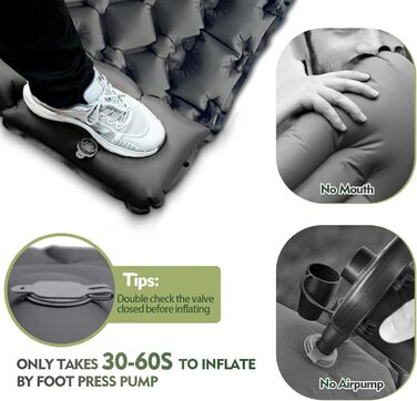 Double Camping Sleeping Pad with Built-in Pillow & Foot Pump - Lightweight Inflatable Mat for Camping, Backpacking, Hiking, Travel & Tent (Gray)