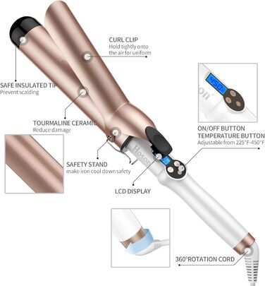 Hoson Lockenstab Pro Curl: Керамічний плойка для волосся з турмаліном, LCD дисплей, 9 температурних режимів, 45 мм, з рукавичкою