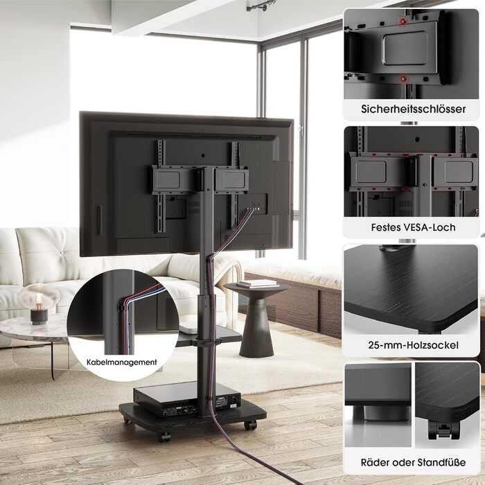 AOKCOS Rolling TV Stand with Wood Shelf - Adjustable Height & Swivel - Fits 32-65 inch TVs (up to 40kg, VESA 400x400mm)