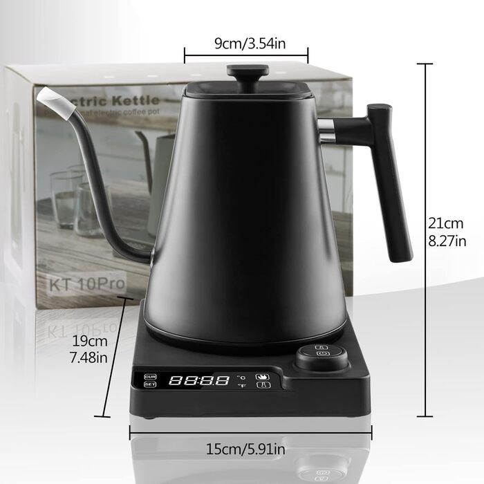 Fityou Electric Gooseneck Kettle - Temperature Control, 1200W, 1L Capacity, Fast Boiling, LED Digital Display, Celsius/Fahrenheit Conversion, for Specialty Coffee & Tea, Matte Black