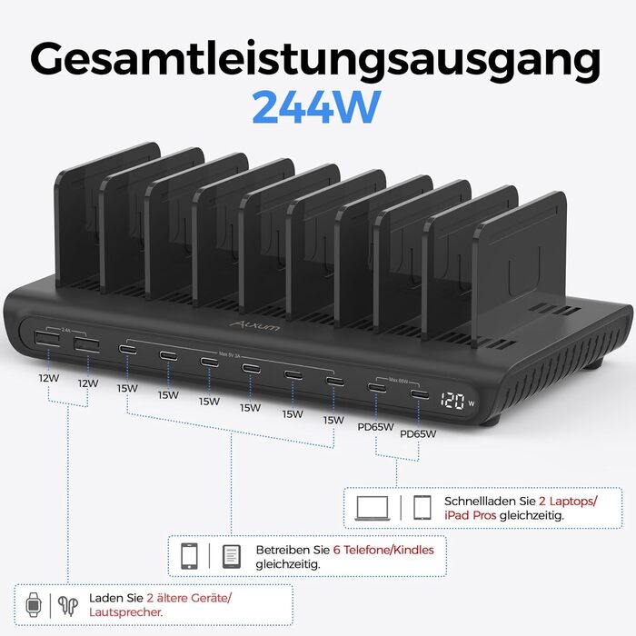 Зарядний пристрій Alxum 60W USB, 10 портів (5V/2.4A) для телефонів, планшетів, Kindle - чорний