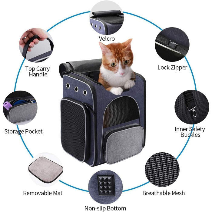 Рюкзак-переноска для котів та маленьких собак Morpilot, 7 кг, блакитно-сірий, 33л