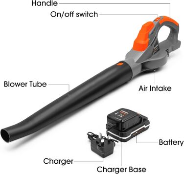Terratek Leaf Blower, cordless, 20 V, 1 hour, fast charging, handheld leaf blower, powerful, lightweight, cordless leaf blower, garden blower with 1 x battery and charger included