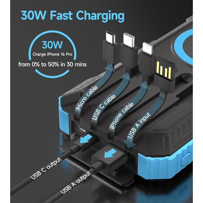 Портативний зарядний пристрій Solar Powerbank 56800mAh з бездротовою зарядкою, 30W PD, 6 виходів, ліхтарик, для кемпінгу та подорожей (Синій)