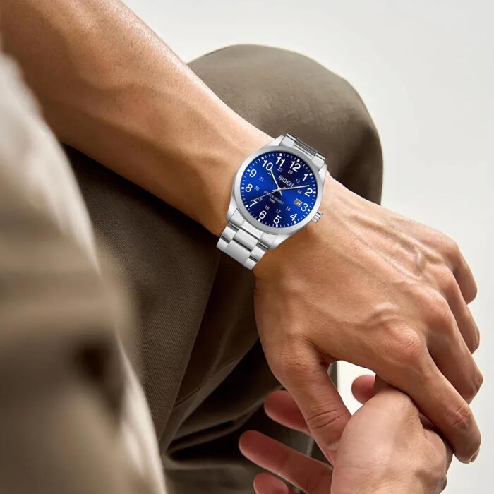 Годинник чоловічий LENQIN з нержавіючої сталі, аналоговий кварцовий годинник на зап'ястя, водостійкий 30M, стильний повсякденний годинник для чоловіків (01 - Сріблястий/Синій)