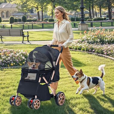 Візок для собак DWVO 3-в-1: візок, переноска, сумка для транспортування. Підходить для собак та котів до 22 кг. Зручний, складаний, з міцними EVA-колесами, кошиком та сітковими віконцями. Розміри: 58,5x76x105 см. Чорний колір.