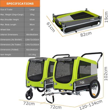 Візок для собак Tiggo VS Pets 2-в-1: візок та велосипедний причіп, великий, 270 л, до 35 кг (зелений)