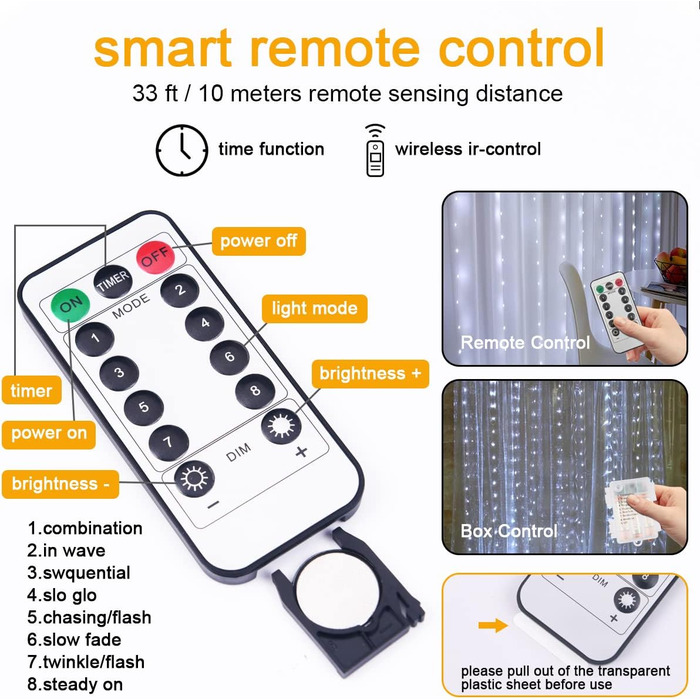 Ланцюжок прикрас LED, 10м, 100 світлодіодів, з пультом та таймером, 8 режимів, вологостійкий IP65, тепле біле світло, для дому та вулиці, для святкування, 1 шт. (2 в 1 USB & батарейка)