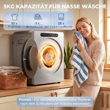 Міні-сушарка для одягу HOMCOM 5кг з функцією стерилізації, 6 програм до 60℃, 1000 Вт, сенсорне керування, барабан із нержавіючої сталі, срібляста