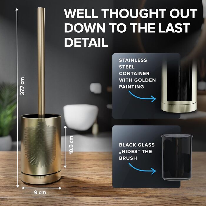 Набір для чищення унітазу з нержавіючої сталі | Силіконова щітка | З вентиляцією | Без кріплення | Замінний насадок | Знімний піддон | Унітазна щітка без монтажу (Золотий)