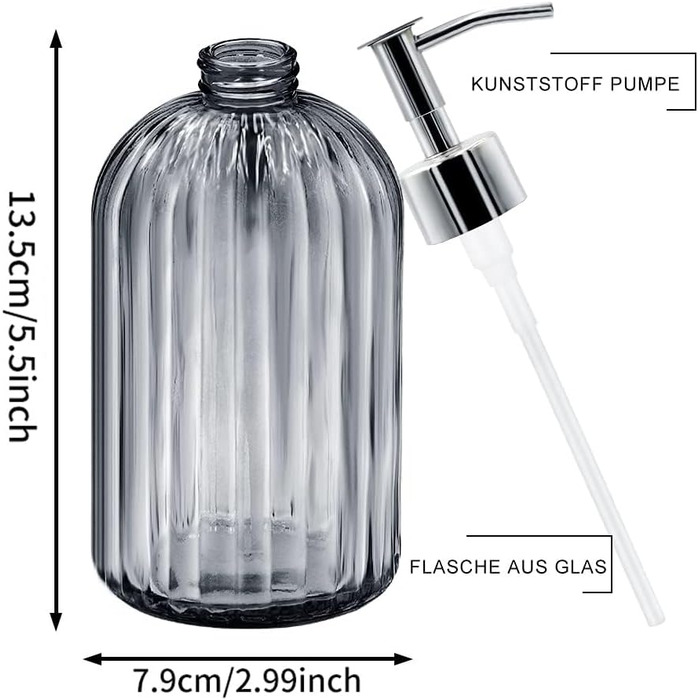 Набір з 2 скляних дозаторів для мила з помпою, 400 мл, для мила, шампуню, лосьйону, багаторазові, для кухні, ванної, пральні (темно-сірий)