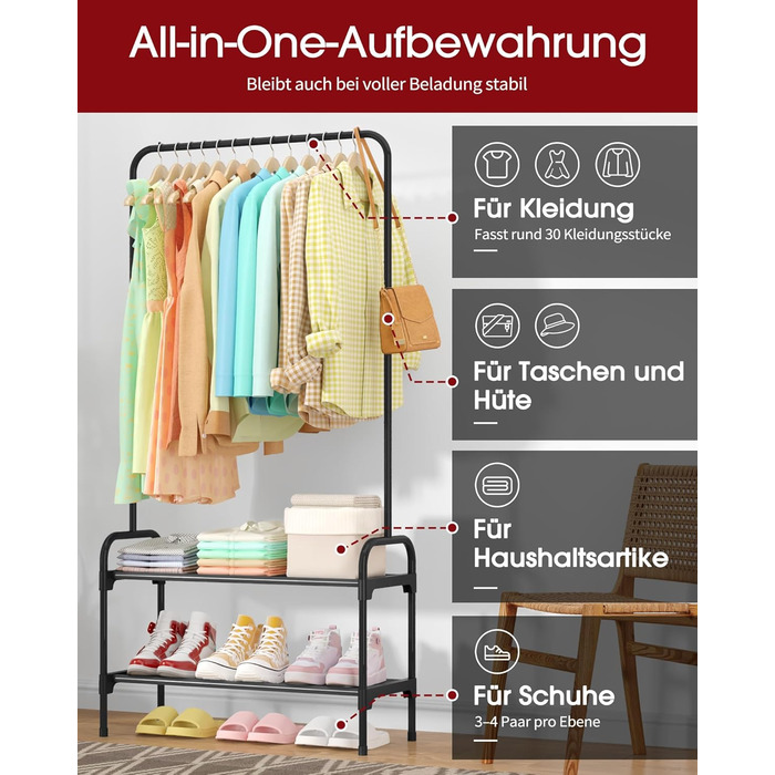 Стійка для одягу з полицею для взуття, чорна, 74 x 30 x 150 см