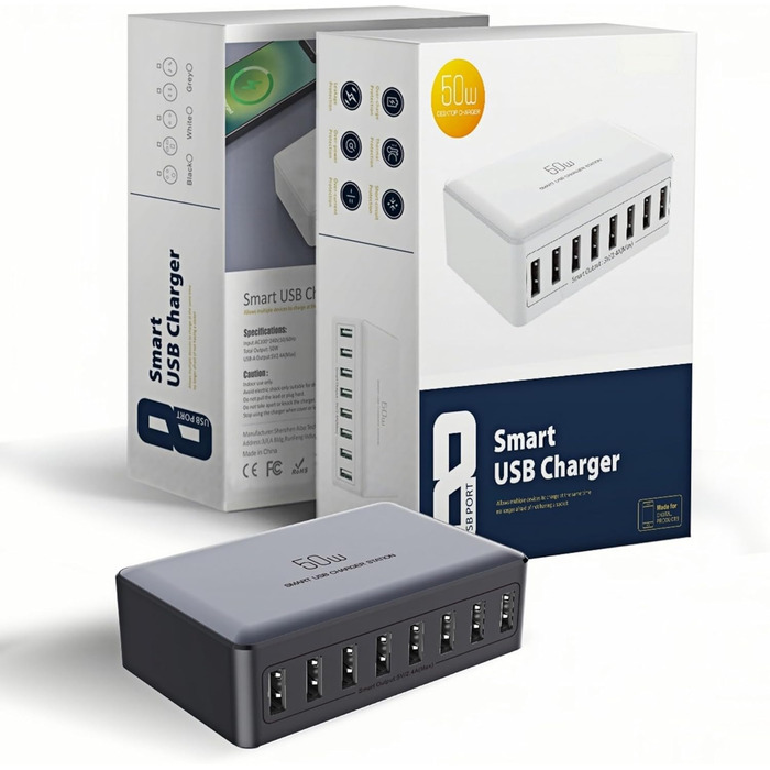 Зарядний пристрій USB 50W мережевий адаптер 8 портів для iPhone 15/14/13/12 Pro Max, iPad, Samsung, Google Pixel - Чорний