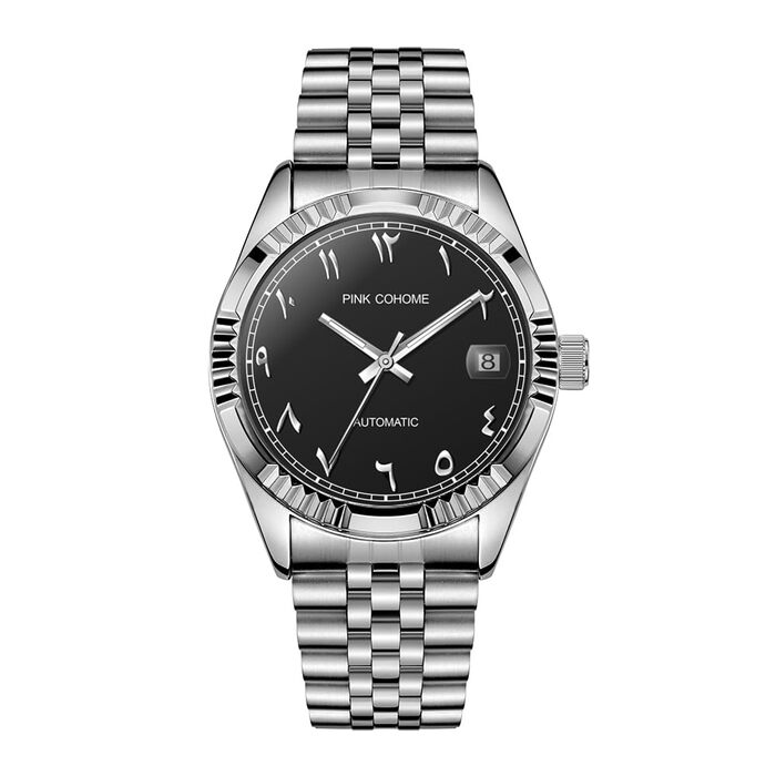 Чоловічий годинник з автоматичним механізмом, сталевий корпус, арабські цифри, 38 мм, з датою, водостійкий, чорний