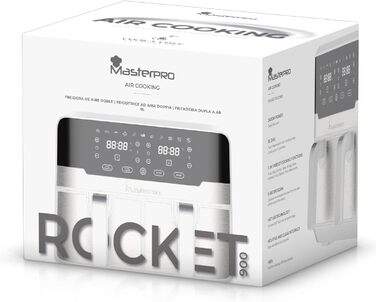 Аерофритюрниця MasterPRO Rocket Duo 900, 9 л, 2400 Вт, подвійна чаша, біла, 11 програм, LED-дисплей, антипригарна корзина