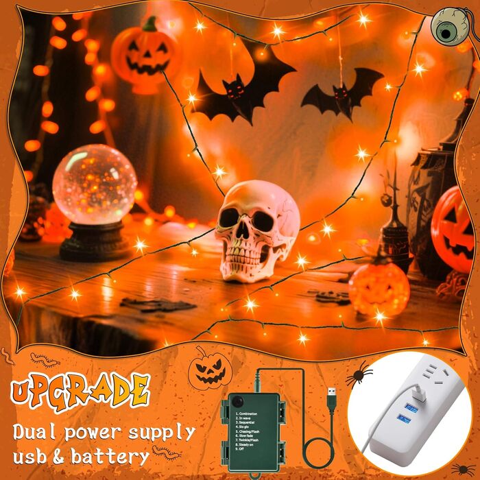 Гірлянда Halloween Cshare, 60 LED, USB/Батарея, Таймер, Водостійка, 6м, Оранжева, для декору саду, дому, на Хелловін