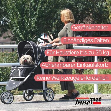 Візок для собак Innopet Monaco чорний з клямкою – універсальний візок для котів та собак, з дощем, складаний, знімний кошик, поворотне переднє колесо