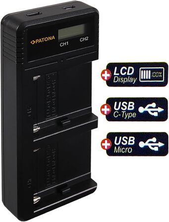 Зарядний пристрій Patona Dual LCD для акумуляторів Sony NP-F970/F750/F550/FM500H/FM50/QM71/91 – одночасний заряд 2-х акумуляторів через USB для відеокамер, світла та моніторів NP-F