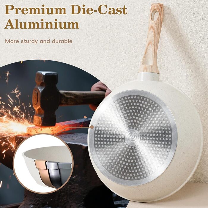 Набір каструль та сковорідок, 12 предметів, з антипригарним покриттям, індукційний, з граніту, без PFOA та PFOS, з силіконовими аксесуарами (білий)