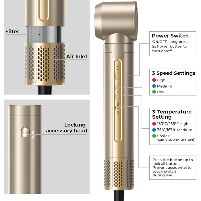 Набір для укладки волосся 6 в 1: стайлер, фен-щітка, плойка, термощітка, випрямляч, 110000 об/хв, для всіх типів волосся, золото
