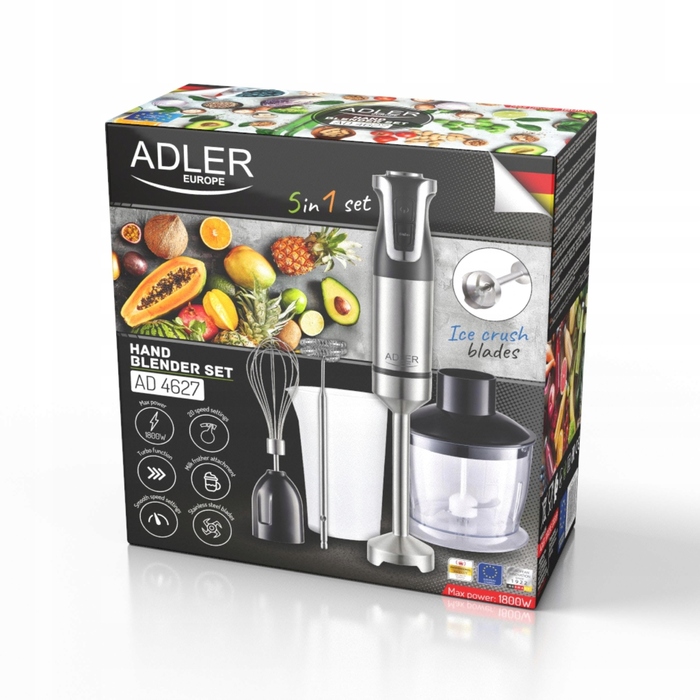 Ручний блендер Adler Europe 1800W, чорний, 20 швидкостей, з чашею 0,7 л