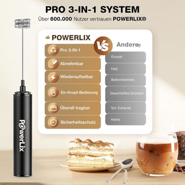 Електричний спінювач молока POWERLIX Pro 3-в-1: ручний, USB-C, 10 000 об/хв, для капучино, лате макіато, знімна насадка, чорний