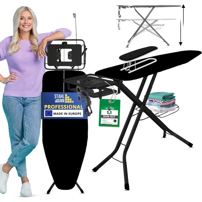 Сталеве прасувальне щит Stahlmann XXL з підставкою для рукавів, 130x48 см – стабільне прасувальне щит, чохол 100% бавовна, Made in EU