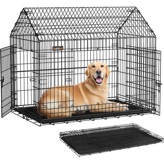 Клітка для собак Feandrea, 120x72.5x109 см, металева, розкладна, XXL, для великих собак, з подвійними дверцятами, легко миється, чорна