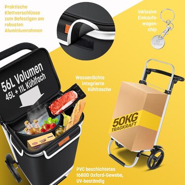 Розкладний візок KESSER® для покупок з великою місткістю 56 л та вагою до 50 кг | 3-в-1: візок, візок-мішок, сумка через плече | Зі зручним відсіком для охолодження та підіймачем для сходи | Чорний