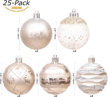 Декоративна куля на ялинку Sea Team з малюнком та блискучим прикрасою, набір (60 мм, шампань)